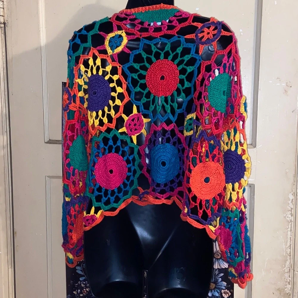 VTG BOHO SWEATER Open Crochet Bead Embellished HIPPIE - Picture 3 of 4